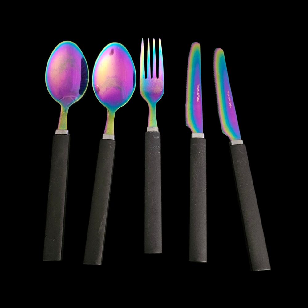 Tomodachi 5 Pc Rainbow Iridescent Flatware Set Black Handles Fork Spoon Knives